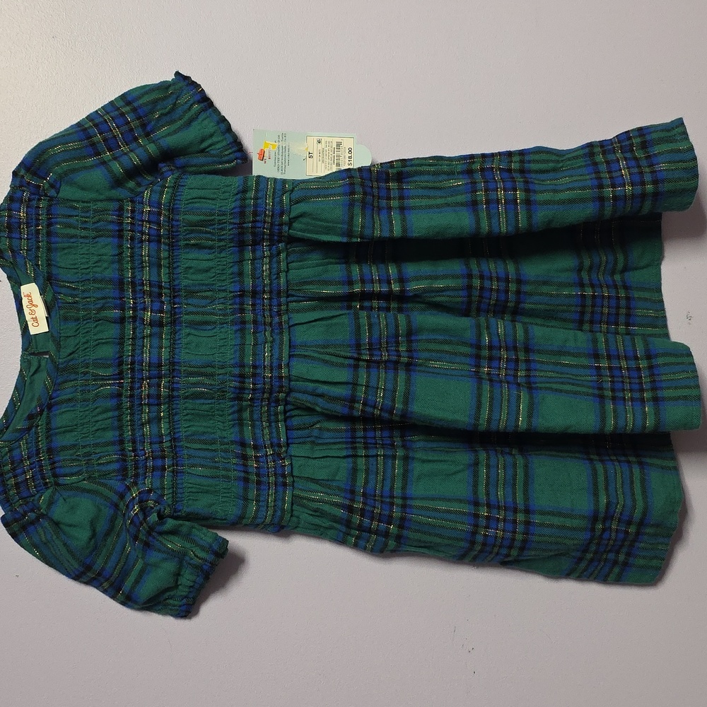 Cat & Jack Infant/Toddlers Emerald Green and Navy Plaid Dress with Gold Detail